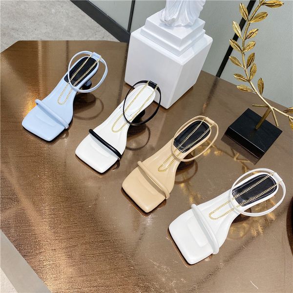 

sandal fashion low heel chain narrow band women sandals ladies high heels summer sandals pumps shoes, Black
