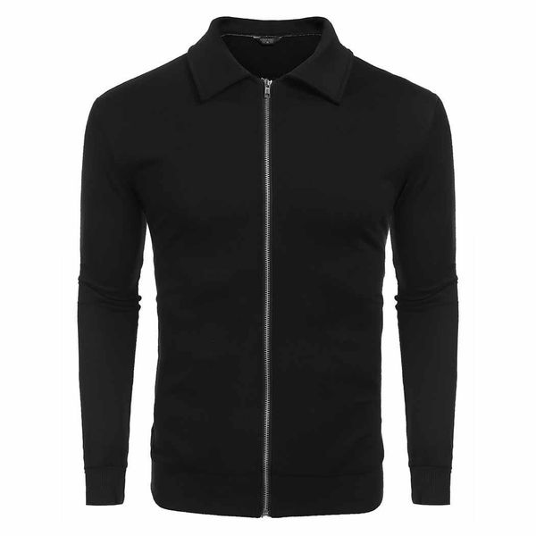 

men turn down collar full zip front solid slim fit sports casual jacket with pocket long sleeve casual, Black;brown