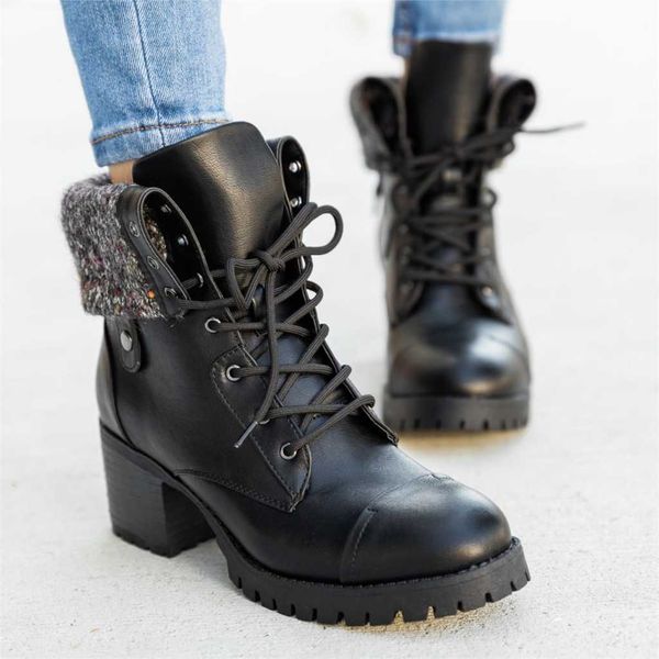 

new women boots fashion ankle boots winter ankle pu leather female work shoes round toe lace-up women shoes female, Black