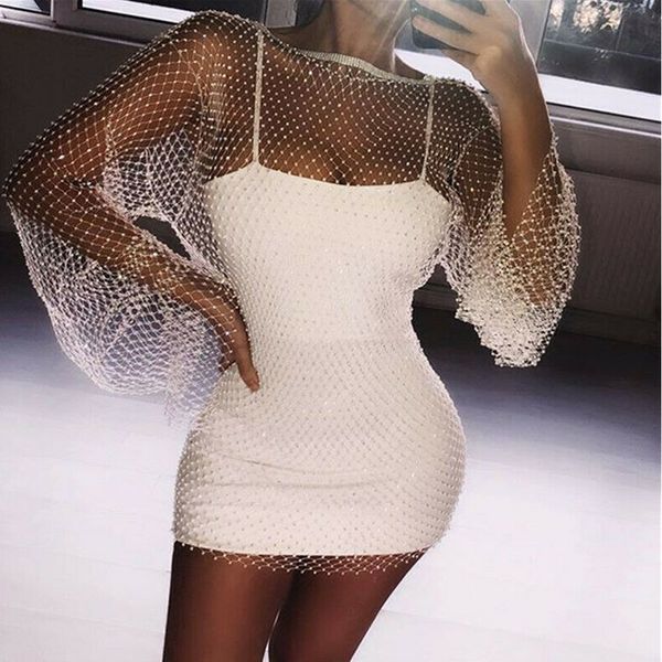 

mini women dress knitting evening party fishnet long sleeve crew neck rhinestone nightclub mesh bikini cover up hollow out, Black;gray
