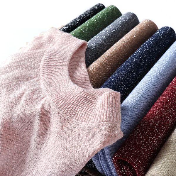 

women sweater 2019 korean summer short sleeve knitted shirt pure color female shiny casual slim slimming shirt poleras mujer, White;black