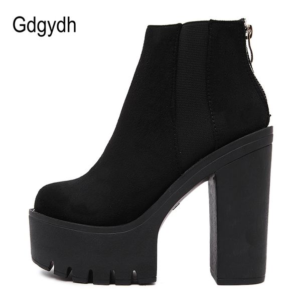 

gdgydh fashion ankle for women thick spring autumn flock platform shoes high heels black zipper ladies boots mx200324