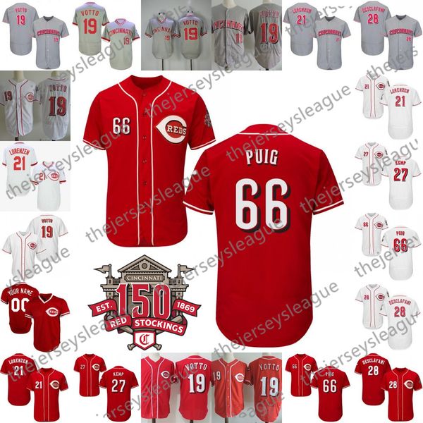 

custom 2019 reds 150th white any name any number gray baseball stitched jerseys cincinnati #66 yasiel puig 19 joey votto 40 alex wood, Blue;black