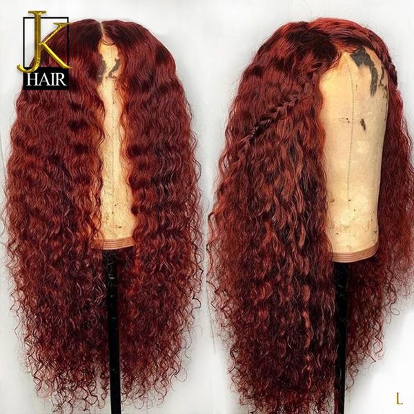

99j red colored 130 density 13x4 curly brazilian lace front human hair wigs for black women pre plucked remy hair low ratio jk, Black;brown