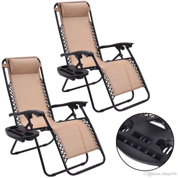 

2pc zero gravity chairs lounge patio folding recliner beige w/cup holder