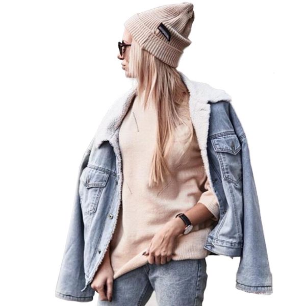 

casual lapel button up collar long sleeves front pockets loose thick warm lambwool sherpa fleece women's lined patch denim jean jacket, Black;brown