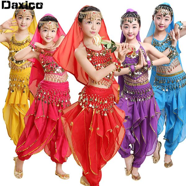 

children belly dance costume kids national dance wear school girl sari bollywood costumes set egyptian outfit, Black;red