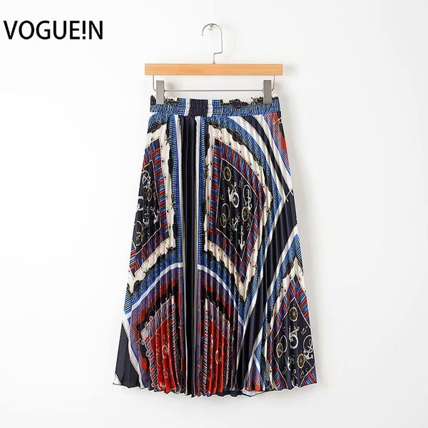 

voguein new womens summer retro ethnic geometric chains print pleated midi skirt wholesale, Black