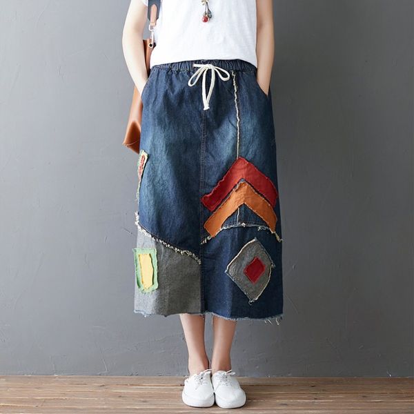 

4xl 3xl new harajuku casual hippie boho ethnic skirts moir girl vintage retro patchwork denim blue jeans cotton women skirt, Black