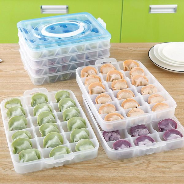 

portable 4 layers non-stick storage box with lid handle refrigerator dumplings preservation fresh keeping storage box grids