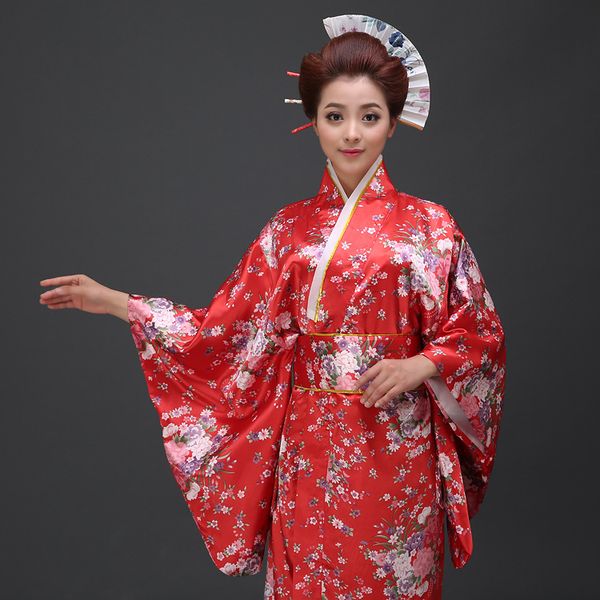 

red vintage japanese kimono yukata haori costume retro women dress obi cosplay gown