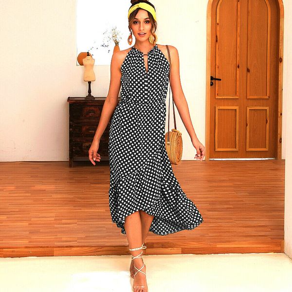 

boho women summer holiday polka dot print keyhole front midi ruffles split dress sleeveless halter neck beach sundress, Black;gray