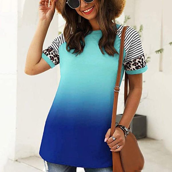 

loose casual women gradient color print tshirt tie-dye leopard patchwork short sleeves o-neck printed casual tee t-shirts, White