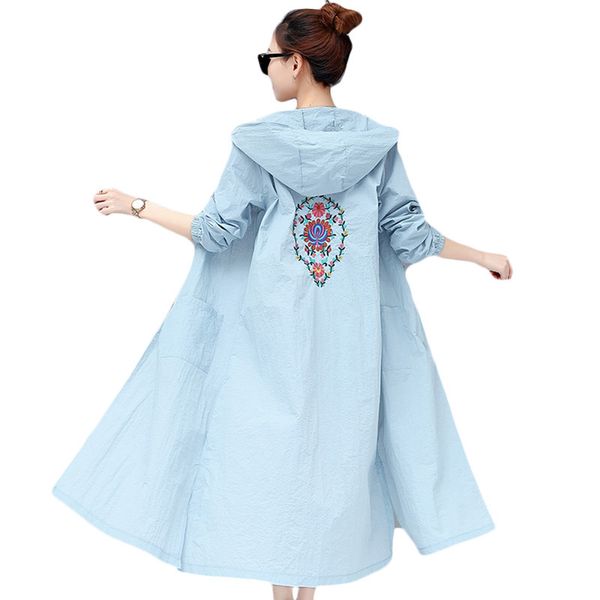 

women long hooded trench coat floral embroidery thin sunscreen clothing new spring summer windbreaker plus size 3xl outerwear, Tan;black