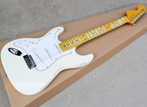 

left handed white retro electric guitar with white pickguard,maple fretboard,yellow maple neck,can be customized as request
