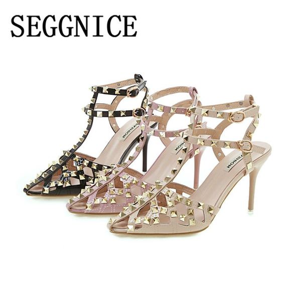 

women's leather sandals designer high heel rivet 2019 summer ladies party casual shoes female heels sandals woman shoes, Black