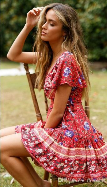 2019 Famous Fashion Designer Spring And Summer New Women\u0027S Bohemian Beach Holiday Wind Short Sleeve Deep V Big Pendulum Print Dress Backless Dress