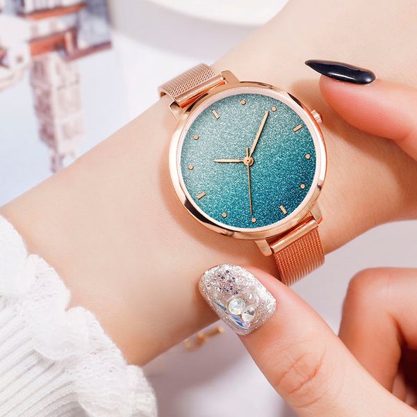 

women quartz watch ombre candy color dial with mesh alloy strap kqs8, Slivery;brown