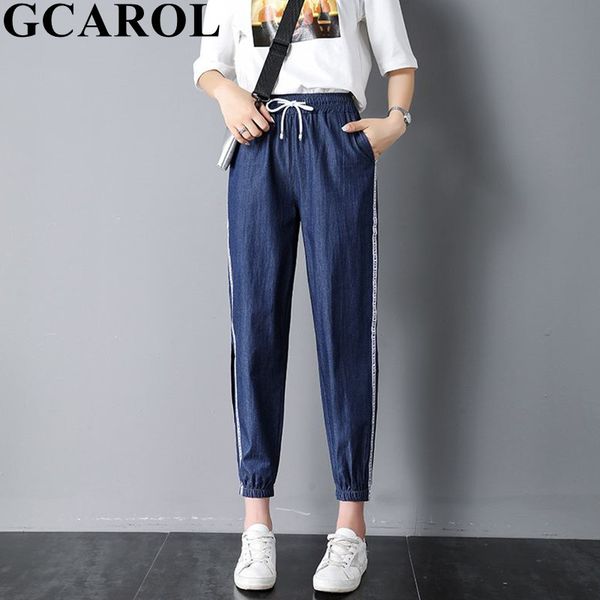 

gcarol лето весна женщины высокой талией tencel голеностопного длина jeans thin кулиской bottom split шаровары свободный свободный плюс разм, Black;white