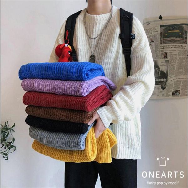 

men's color sweater pullover round neck solid color loose casual autumn winter lazy wind trend men's long sleeve sweater men, White;black