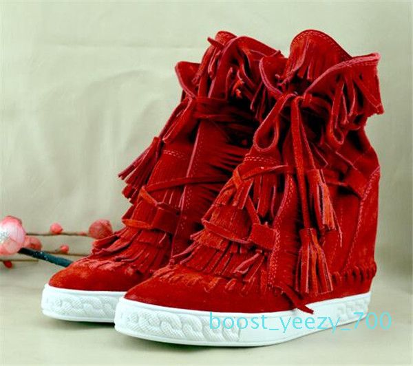 

women spring autumn fringe wedge ankle boots height increasing tassel high casual shoes suede leather platform lace up woman shoes b70, Black