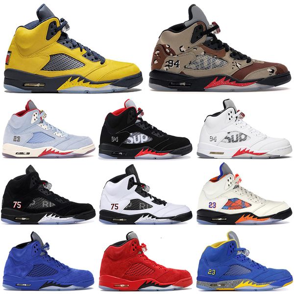

new michigan 5 5s men basketball shoes psg black white ice blue red suede olympic designer sports sneakers mens trainers size 40-47