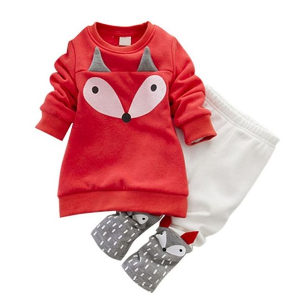 

cartoon lovely children's clothing 2pcs thick long sleeve fox + pants 2pcs set, White