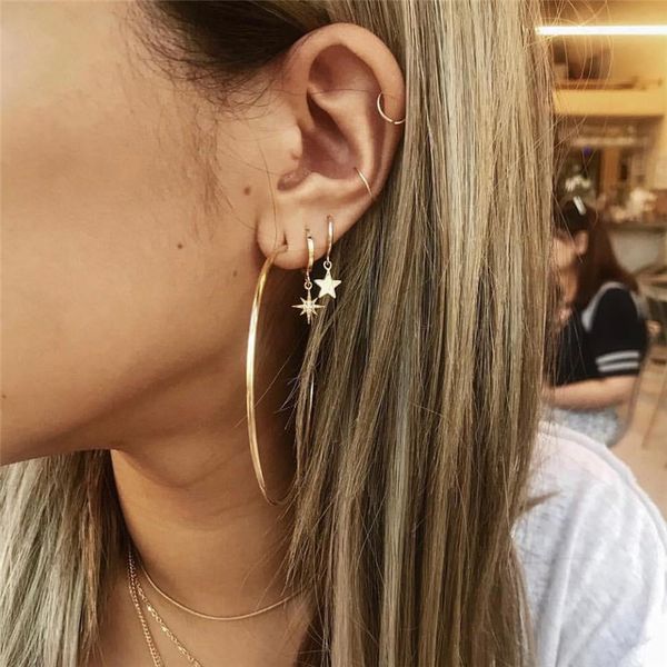 

m mism new exaggeration style women earrings combination fashion five-pointed star ear cuff earrings for girls stud earring set, Silver