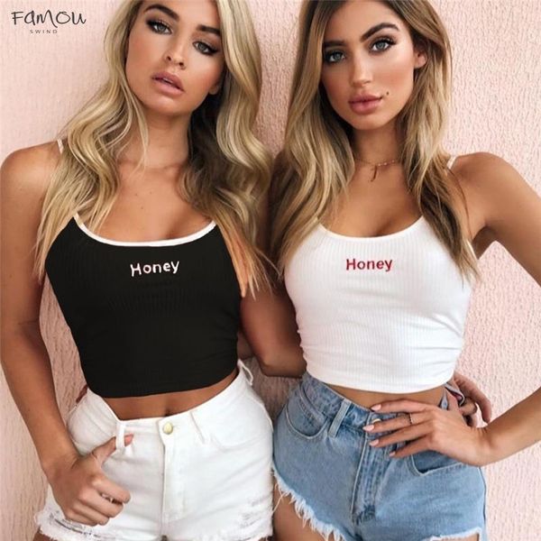 

Women Vest Sexy Crop Top Summer Honey Letter Embroidery Strap Tank Tops Cropped Feminino Elastic Shirt Camisole