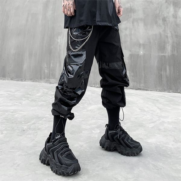 

bright black patent leather cargo pants pockets men streetwear harajuku harem pants drawstring ribbon joggers hiphop sweatpants