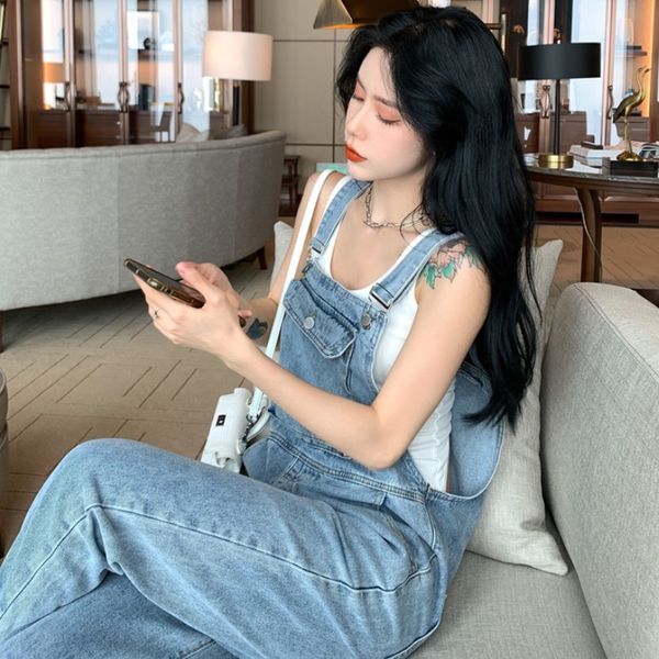 

spring / summer 2020 new high waisted pants loose straight pants all over jeans students' suspenders women's wear, Blue