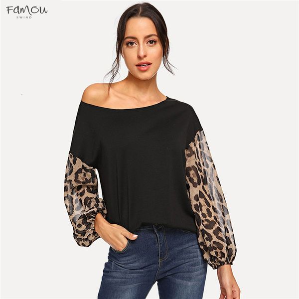 

Black Leopard Contrast Women Pullover One Shoulder Bishop Sleeve Sweatshirt Mesh Autumn Patchwork Elegant Sweatshirts Drop Shipping