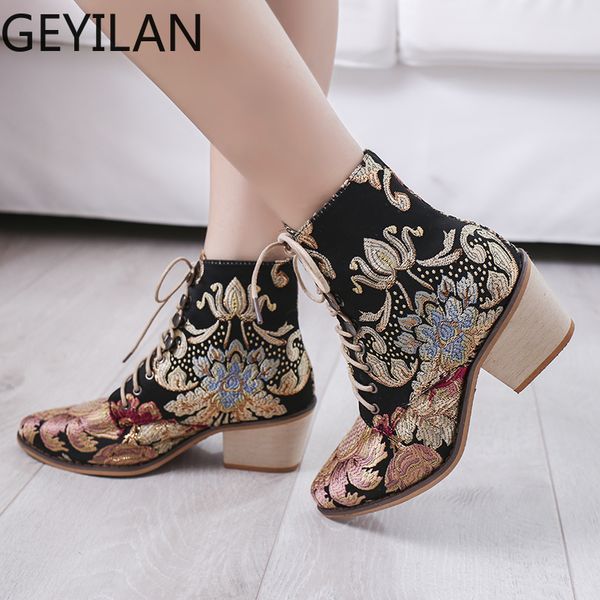 

big size boots women embroidery flower med heel ankle boots comfort autumn winter ankle short booties, Black