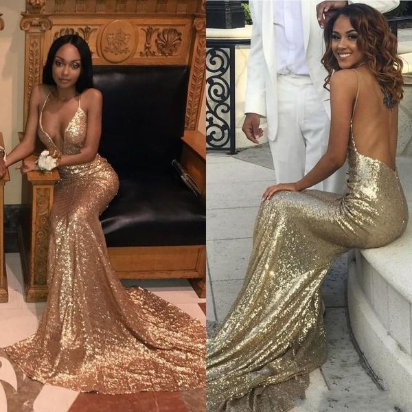

2019 New Cheap Bling Gold Sequined Mermaid Prom Dresses Spaghetti Open Back Sweep Train Evening Gowns Pageant Dress Formal