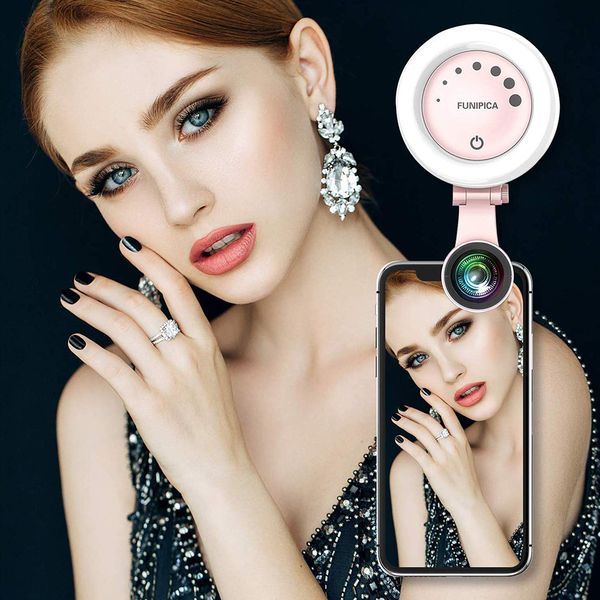 

selfie light ring with clip wide angle lens macro lens adjustable angle and stepless brightness for cell phone and other device
