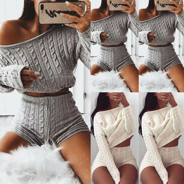 

new women knitted clothes two piece set winter long sleeve loose crop high waist slim shorts ladies clothing suits tracksuit, White