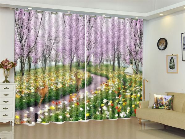 

flowers everywhere, the deer flew to the peach blossoms 3d landscape curtain custom beautiful atmosphere blackout curtains