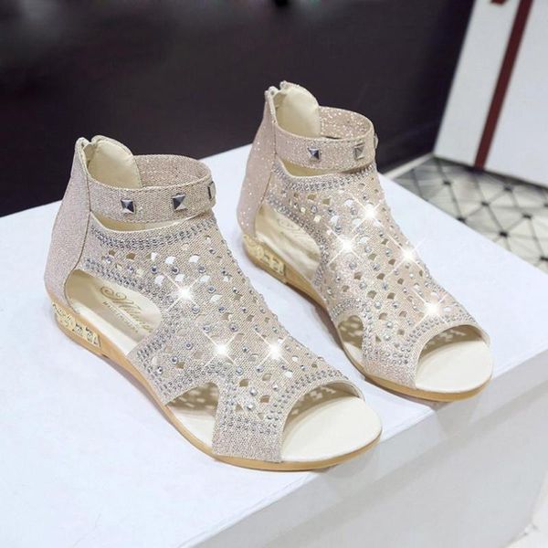 

spring summer ladies women wedge sandals 2020 fashion pu leather fish mouth hollow diamond roma shoes flats female, Black