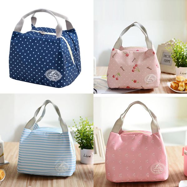 

2019 lunch bag insulated cold canvas stripe picnic carry case thermal portable lunch box bolsa termica lancheira