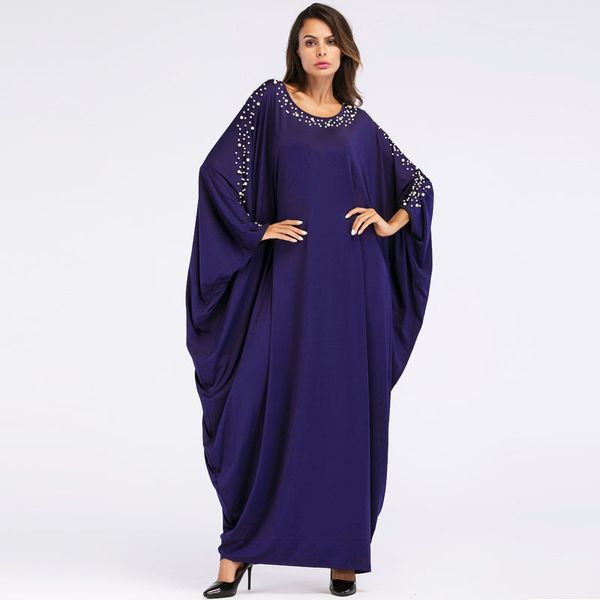 

abaya dubai muslim dress pearl beading blue abayas for women islamic dress turkish bangladesh bat-wing sleeve muslim clothes, Red