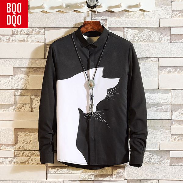 

bqodqo white black cat cartoon print funny shirt men long sleeve autumn loose shirts male streetwear casual blouse plus size