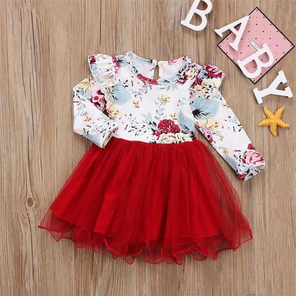 

children's girls short-sleeved printed floral round neck long-sleeved stitching red mesh dress princess dress, Red;yellow