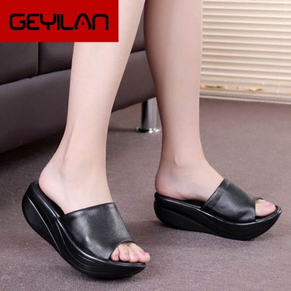 

new 2019 summer flip flops women platform sandals women's wedges genuine leather open toe shoes slippers plus size 34-43, Black