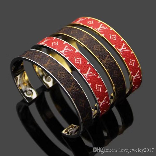 

flower printed leather cuff bangle with logo design for women red brown open pulsera gold bracelet fine jewelry, Black