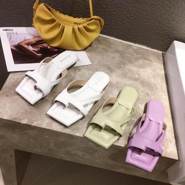 

flat shoes female square heel woman's slippers slides rubber flip flops block 2020 hawaiian fretwork fabric scandals basic pu, Black