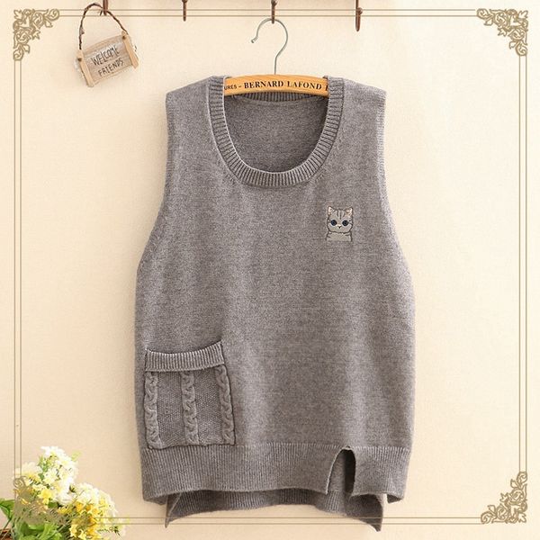 

vest female cat embroidery 2019 autumn new literary o-neck pullover sweater mori girl 1919081916, Black;white