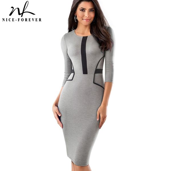 

nice-forever vintage brief patchwork wear to work elegant vestidos round neck party bodycon office business women dress b480, Black;gray