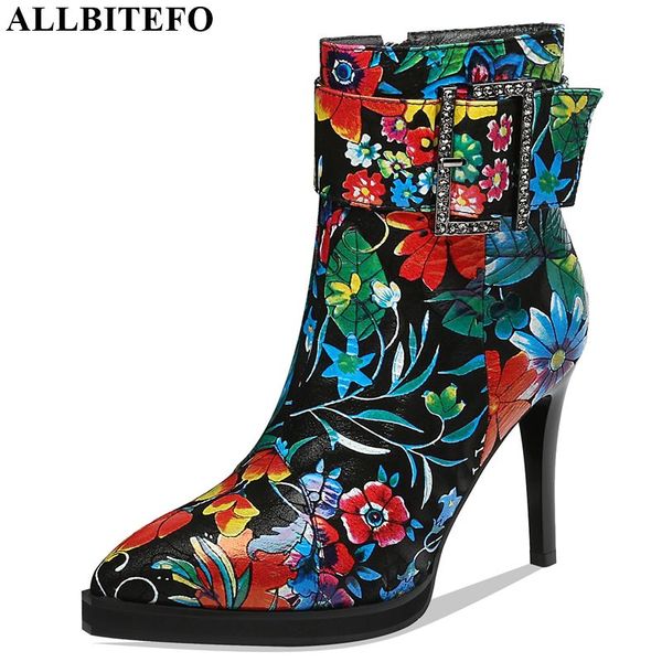 

allbitefo real genuine leather mixed colors women boots belt buckle elegant ankle boots pointed toe fashion comfortable, Black