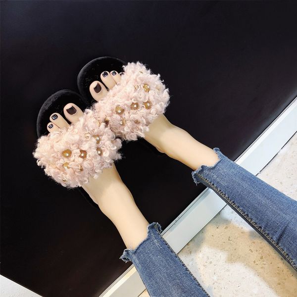 

open toe women pearl slippers summer shoes woman artificial lamb hair slippers house shoes for indoor and outdoor, Black