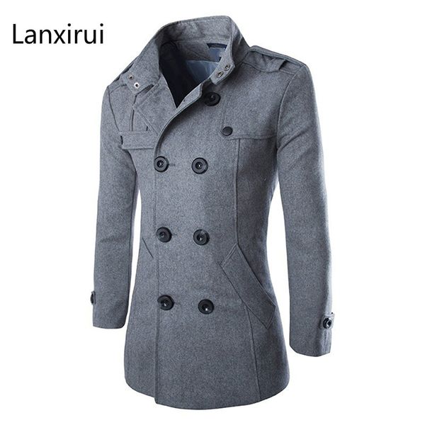 

2019 fashion men 's autumn winter coat turn -down collar wool blend men pea coat double breasted winter overcoat nq905713, Black
